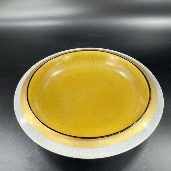 MCM Fitz And Floyd Crackle Finish Ashtray Yellow Center Trinket Dish Plate VTG - Picture 10 of 15